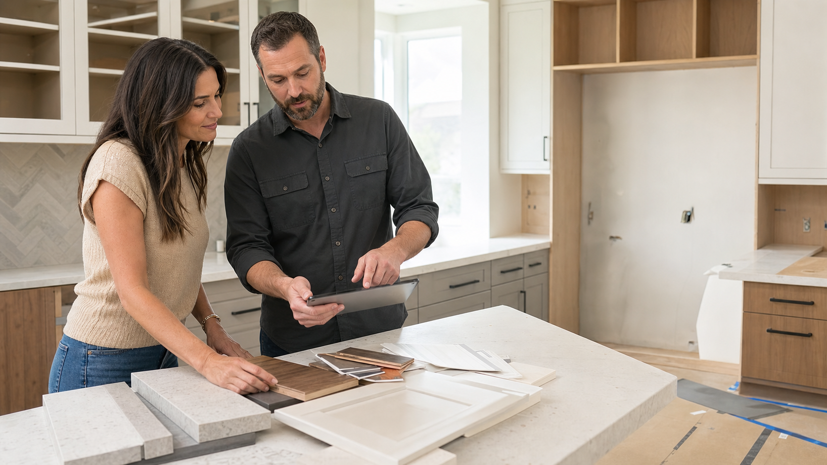 General contractor reviewing a remodeling plan with a homeowner