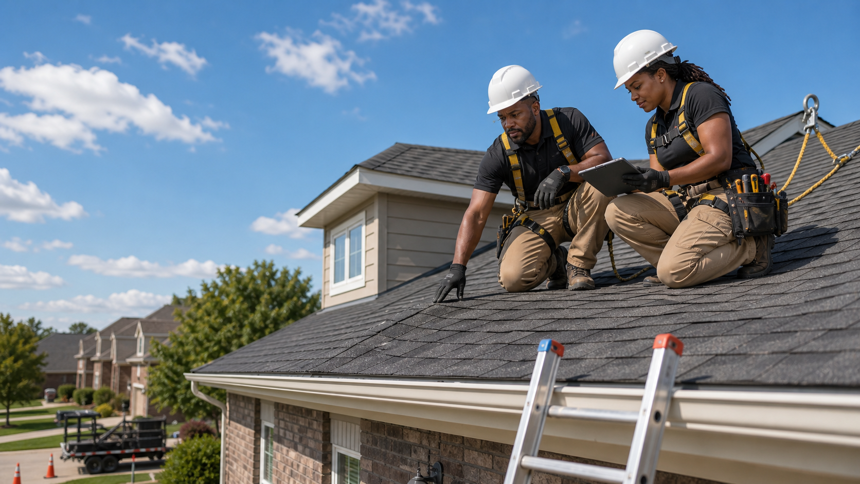 Roofing contractor inspecting a roof