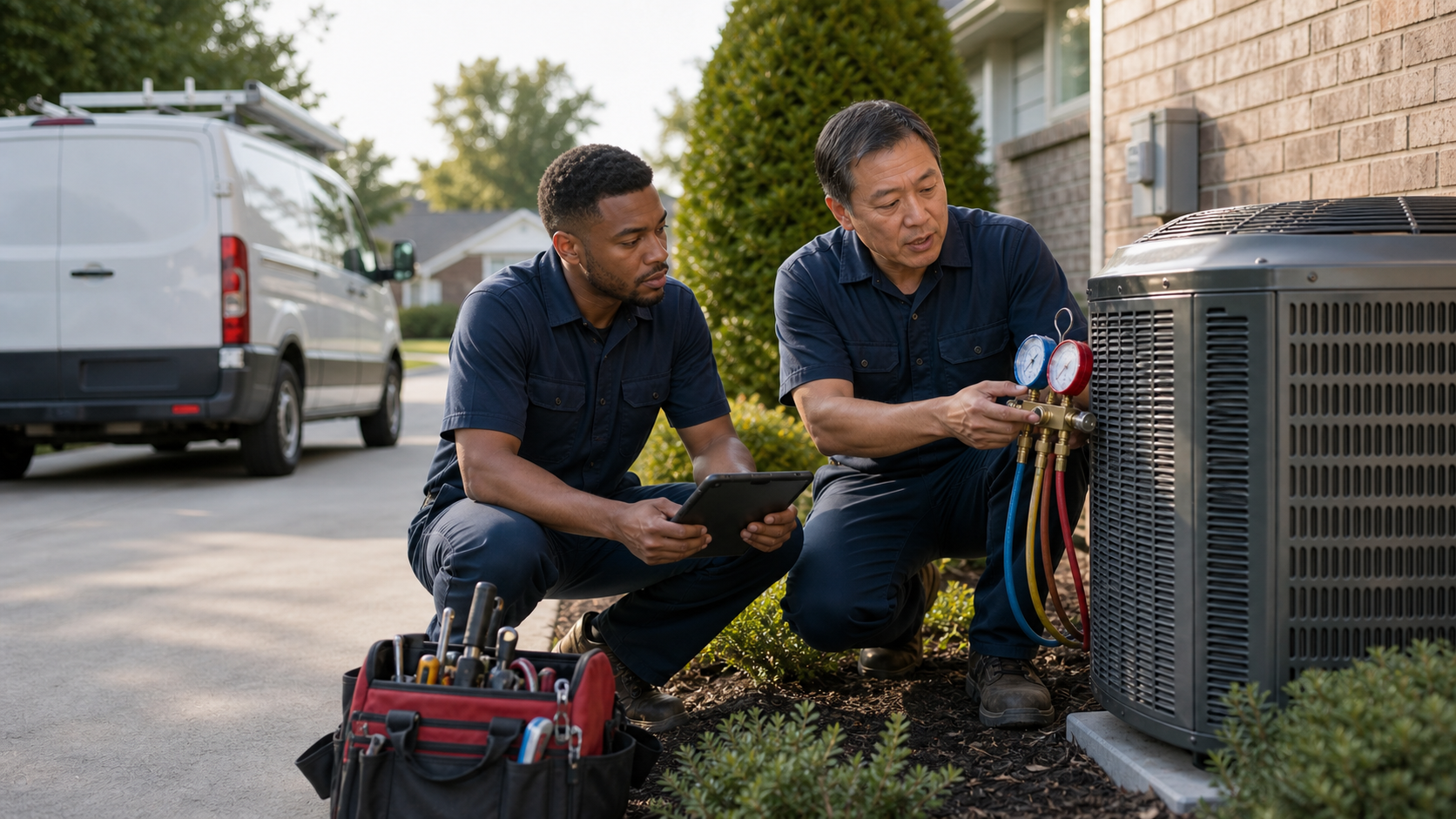 HVAC contractor reviewing service equipment