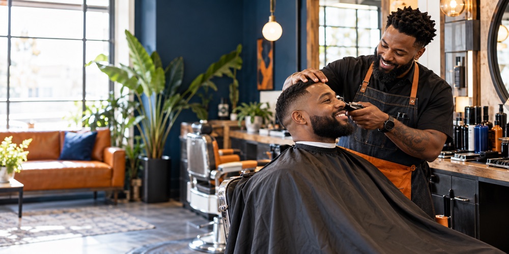 Barber serving a customer in a modern shop