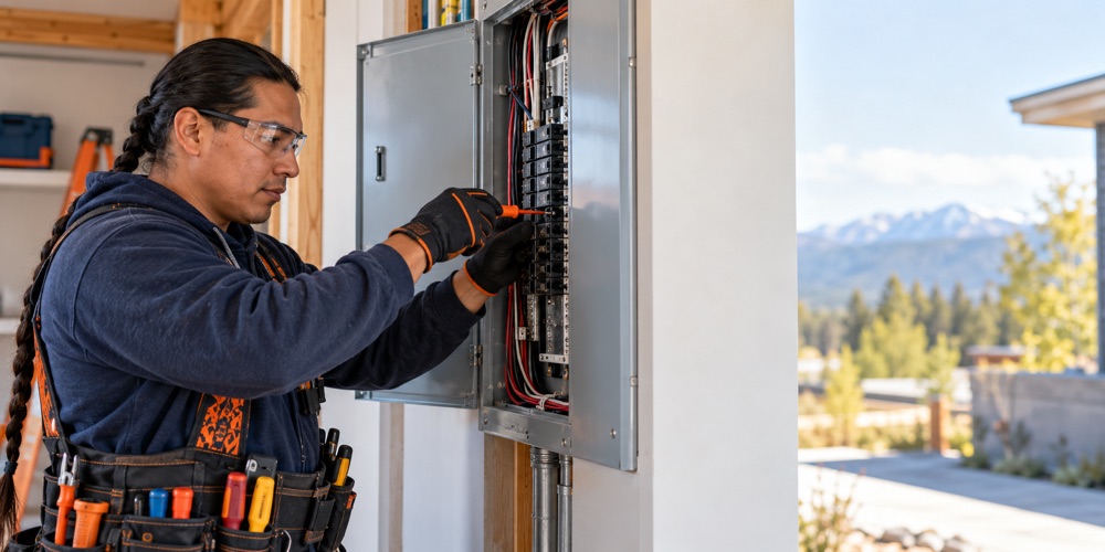 Electrician working at a home breaker panel