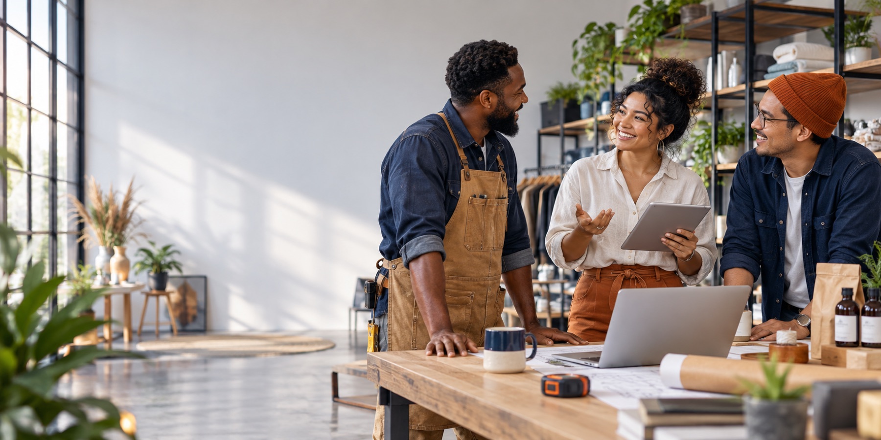 Small-business owners sharing ideas in a bright workspace