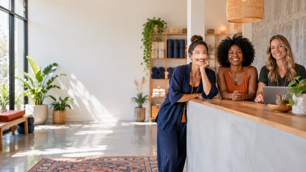 Wellness business owners welcoming visitors at reception