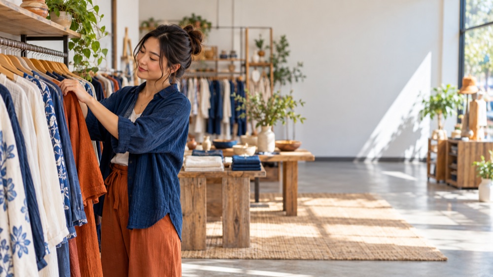 Boutique owner arranging apparel in her shop