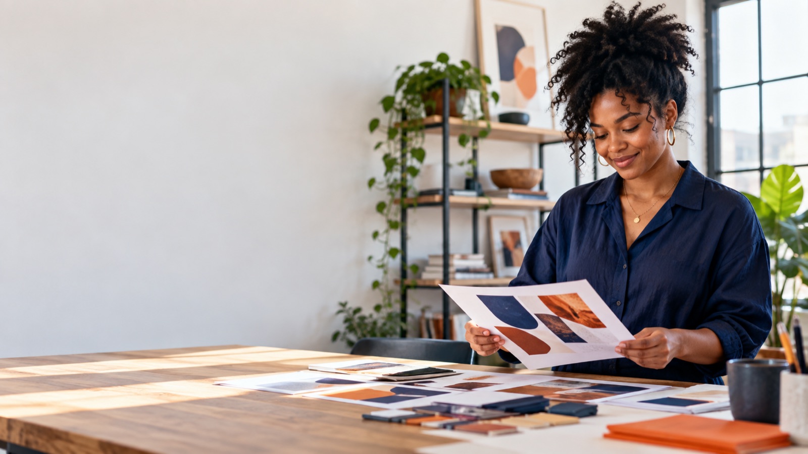 Small-business owner reviewing printed brand materials