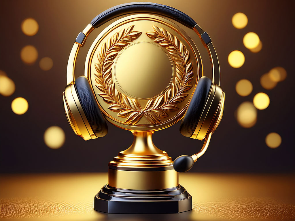 Golden award with customer service headset